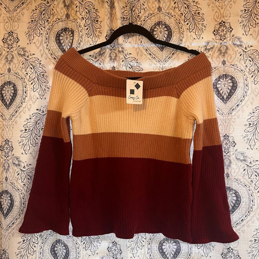 Cozy Co By Cozy Casual Mauve And Burgundy Stripe Off‎ Shoulder Sweater Size S/M